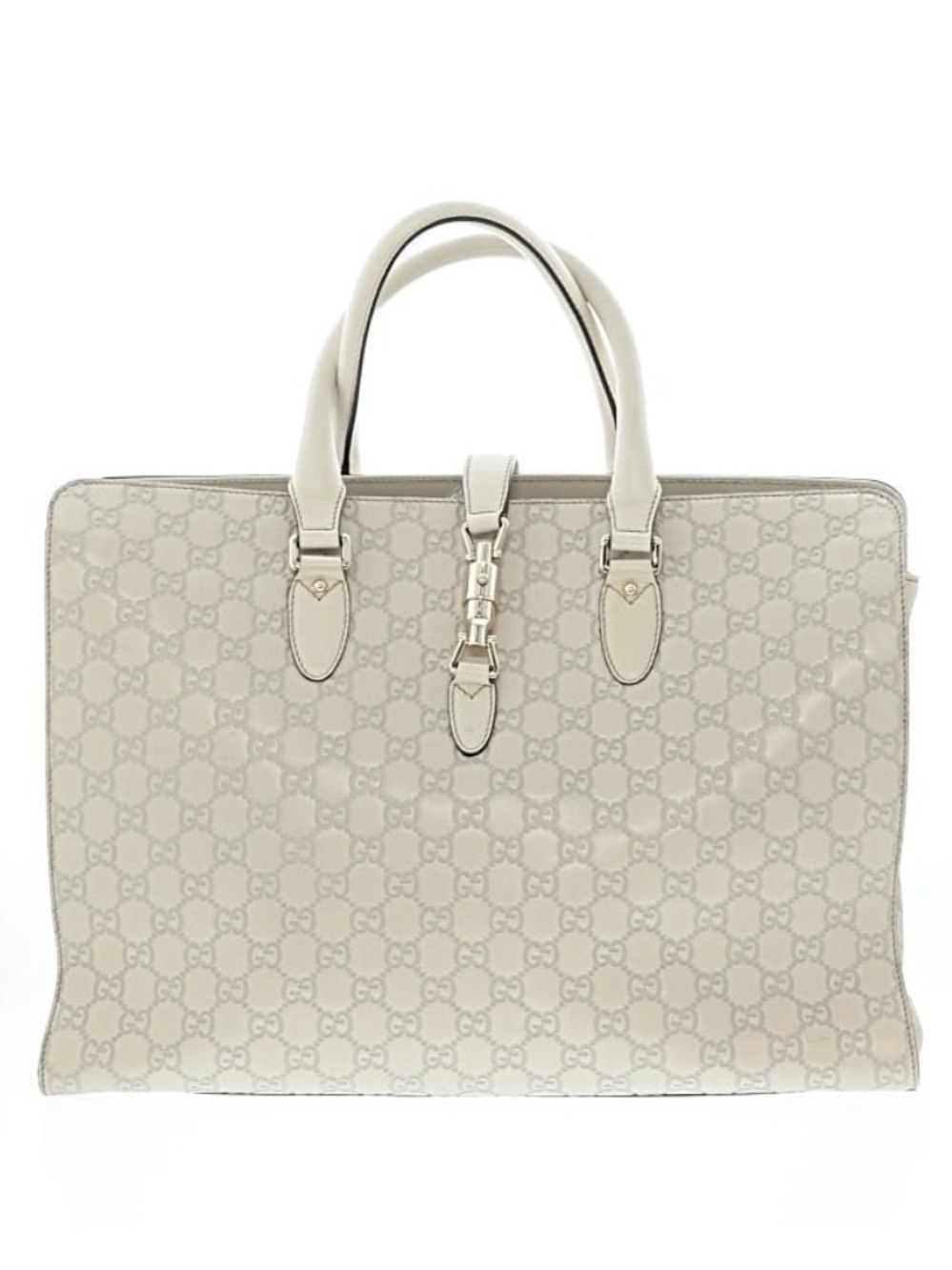 Gucci Vintage Guccissima Jackie Piston Large Tote Ivory Embossed Leather